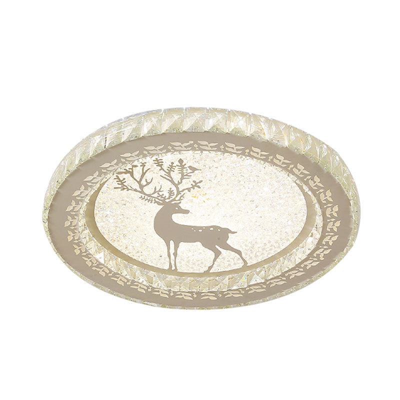 Led Crystal - Block Flush Light With Deer Pattern - Modern Stainless - Steel Circle Mount Fixture