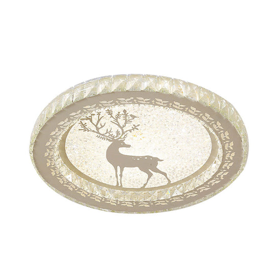 Led Crystal - Block Flush Light With Deer Pattern - Modern Stainless - Steel Circle Mount Fixture
