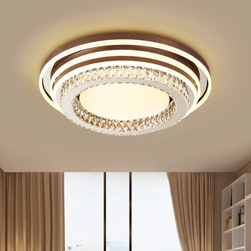 Modern Crystal Led Flushmount Lamp - Brown Tiered Round Flush Mounted Light For Bedroom