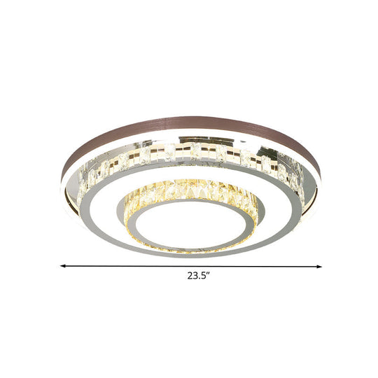 Modern Led Crystal Flush Mount Light Fixture - Stainless Steel Layered Round Design