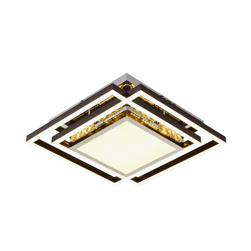Flush Mounted Crystal Led Bedroom Ceiling Light In Nickel With Square Beveled Design