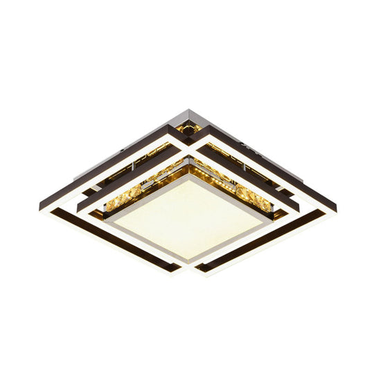 Flush Mounted Crystal Led Bedroom Ceiling Light In Nickel With Square Beveled Design