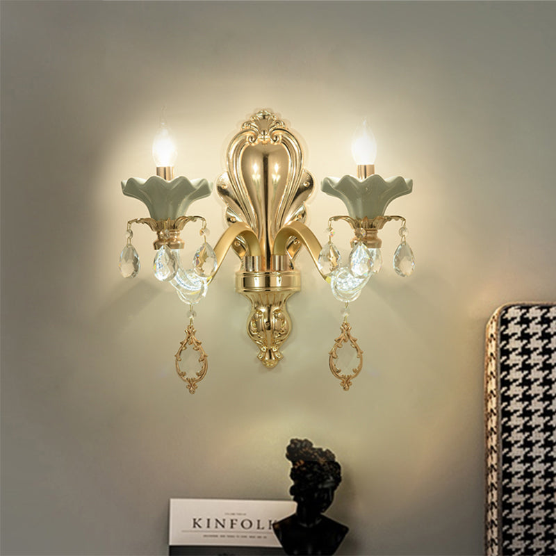 Crystal Wall Mount Candle Light Fixture In Elegant Gold Finish