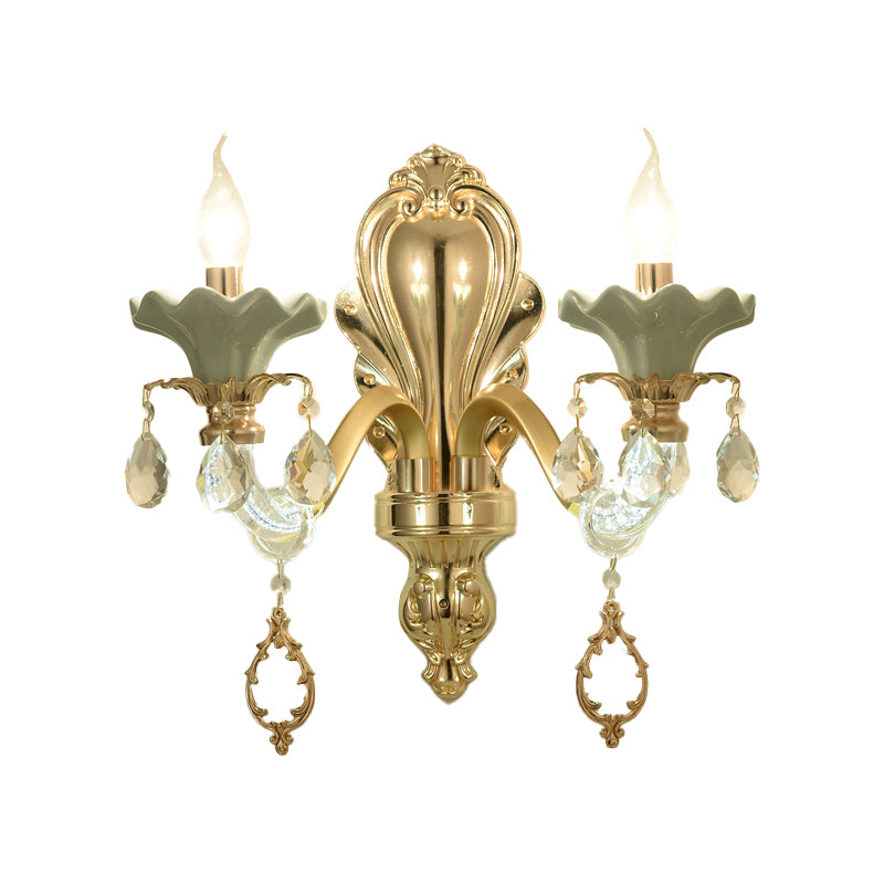 Crystal Wall Mount Candle Light Fixture In Elegant Gold Finish