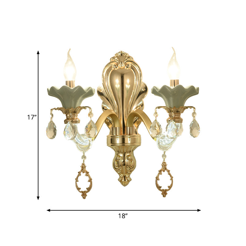 Crystal Wall Mount Candle Light Fixture In Elegant Gold Finish
