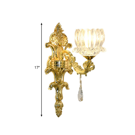Gold Lotus Wall Mount Sconce With Clear Crystal Shade - Mid Century Light Fixture