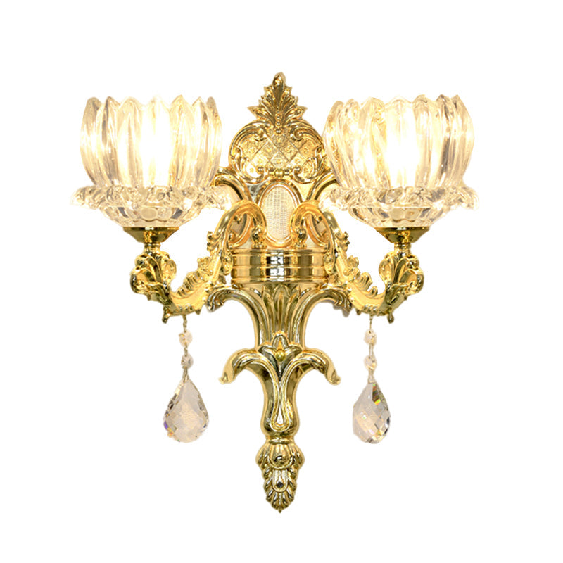 Gold Lotus Wall Mount Sconce With Clear Crystal Shade - Mid Century Light Fixture