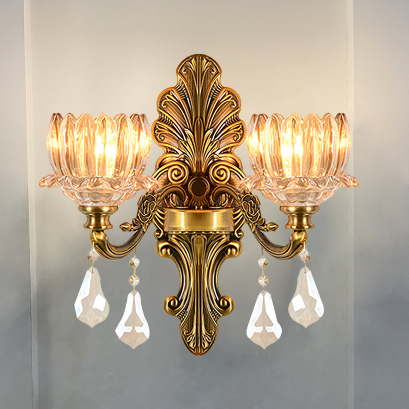 Vintage Brass Wall Sconce With Clear Glass Shade - Mid Century Flower Design 1/2-Light Mount Lamp 2