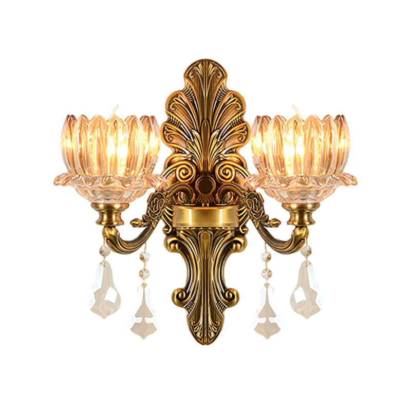 Vintage Brass Wall Sconce With Clear Glass Shade - Mid Century Flower Design 1/2-Light Mount Lamp