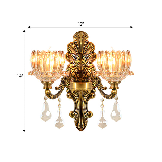 Vintage Brass Wall Sconce With Clear Glass Shade - Mid Century Flower Design 1/2-Light Mount Lamp
