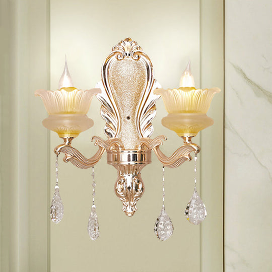 Gold Ribbed Glass Flower Sconce Lamp With 2 Lights For Mid-Century Indoor Wall Lighting