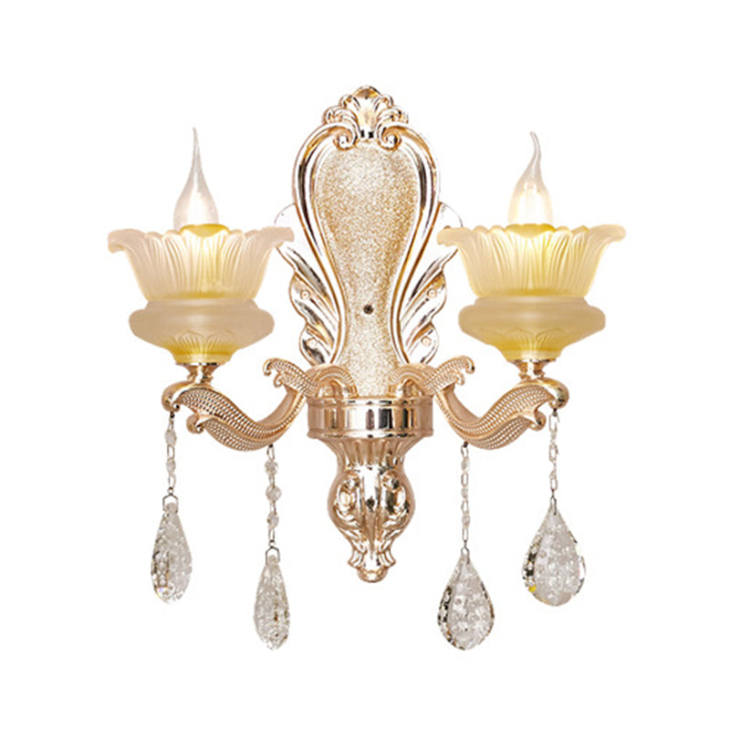 Gold Ribbed Glass Flower Sconce Lamp With 2 Lights For Mid-Century Indoor Wall Lighting