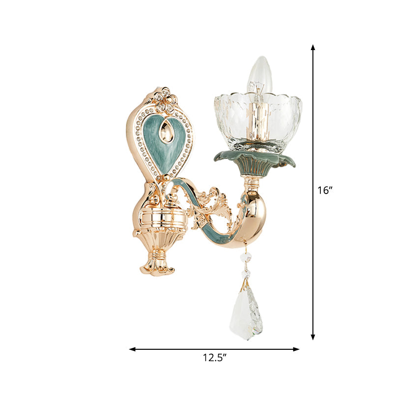 Traditional Blue And Gold Crystal Sconce Wall Light With Curved Arm
