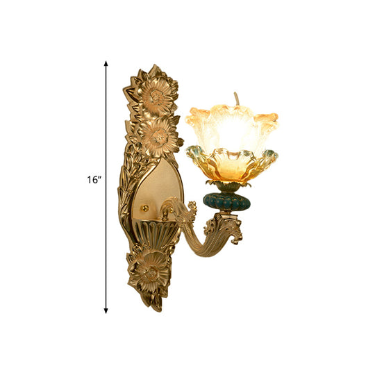 Gold Wall Lamp With Amber And Clear Glass Floral Shade - Single Light Mid-Century Sconce