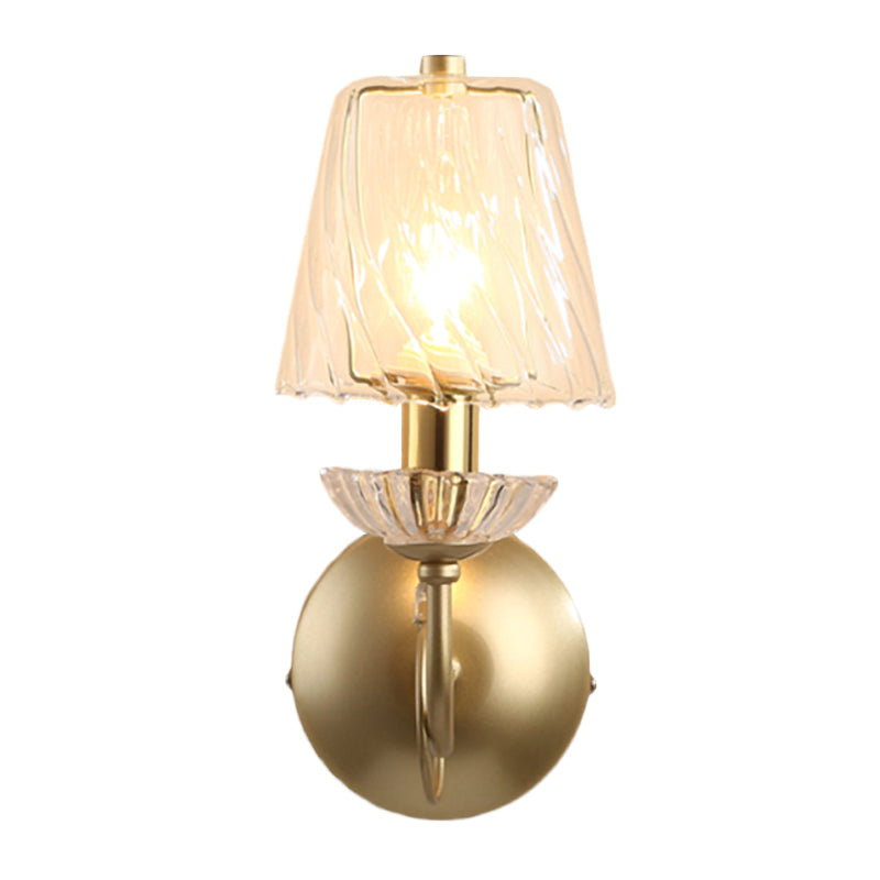 Gold Conical Sconce With Clear Twisted Glass Shade - Minimalist Single Bulb Wall Light