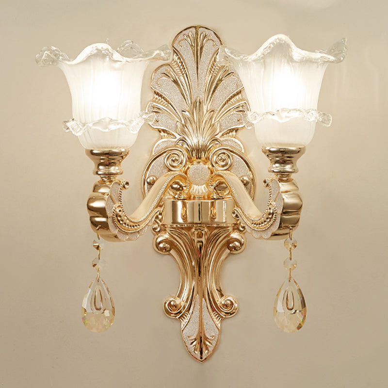 Retro Frosted Glass Sconce With Ruffle Trim & Gold Wall Mount 1/2-Bulb Doorway Light