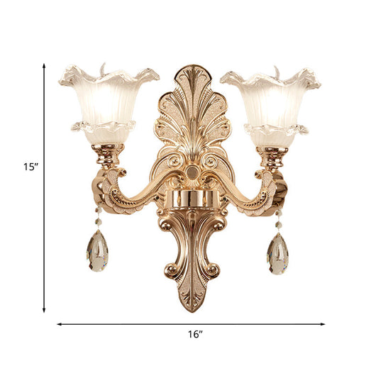 Retro Frosted Glass Sconce With Ruffle Trim & Gold Wall Mount 1/2-Bulb Doorway Light