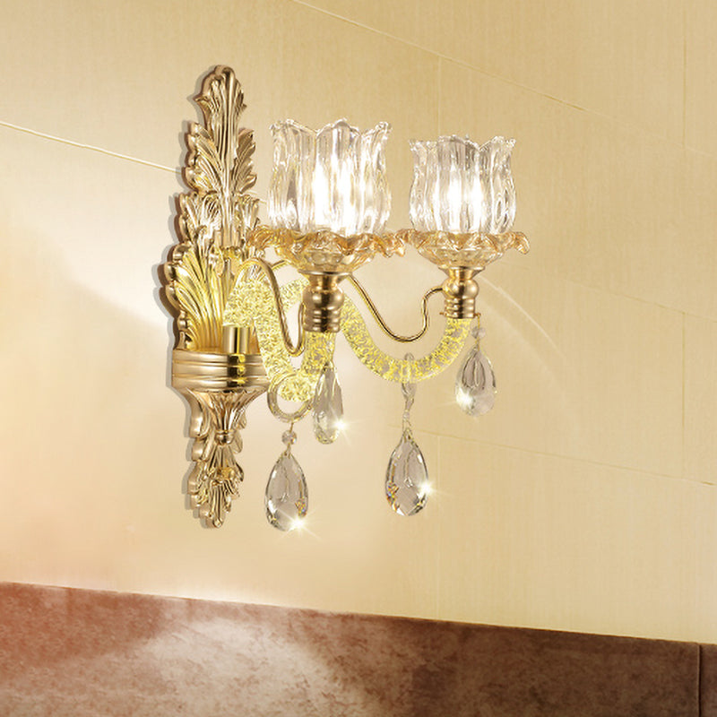 Vintage Flower Bud Glass Wall Lamp Kit In Gold With 2 Lights