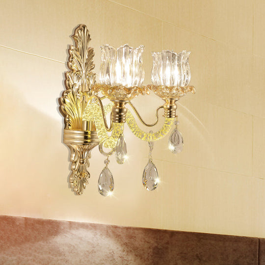 Vintage Flower Bud Glass Wall Lamp Kit In Gold With 2 Lights