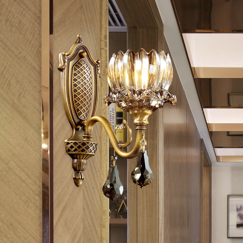 Lotus Amber Glass Wall Sconce: Antique Brass 1-Head Living Room Light With Crystal Pendalogues