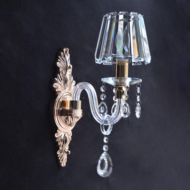 Vintage Clear Prismatic Crystal Cone Wall Lamp - Family Room Light Fixture With Curved Tube Glass
