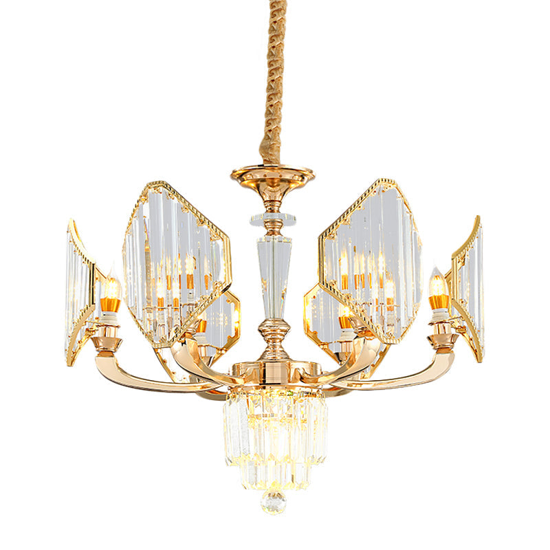 Gold Crystal Ceiling Chandelier - 6-Bulb Rhombus Paneled Pendant Light In Postmodern Style