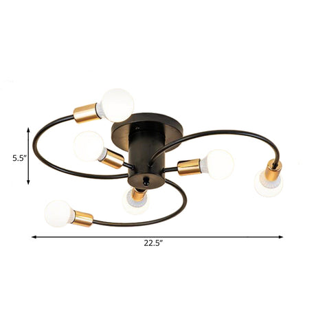 Nordic Metal Gold/Black Swirl Semi Flush Mount Ceiling Light - 6 Lights For Living Room