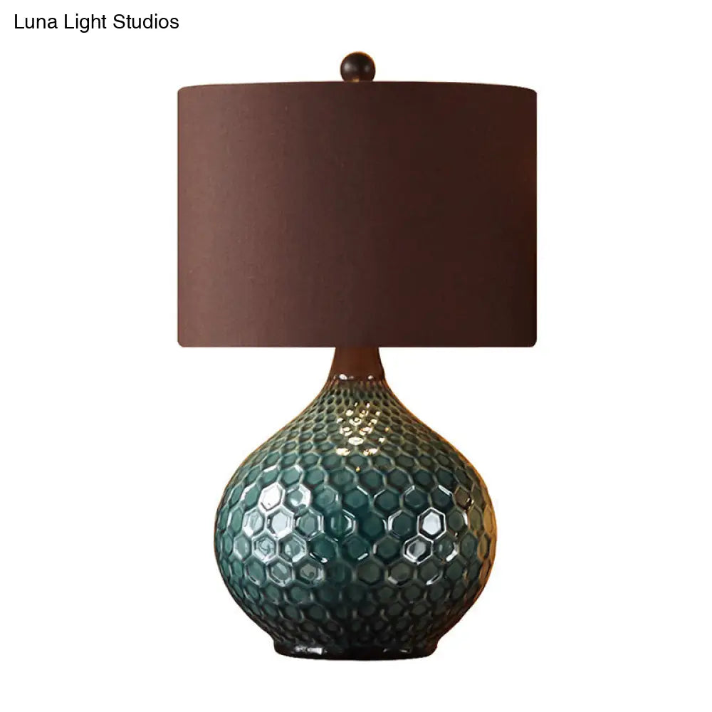 11/14 Coffee 1-Light Desk Lamp With Antiqued Style Fabric Drum Shade For Nightstand