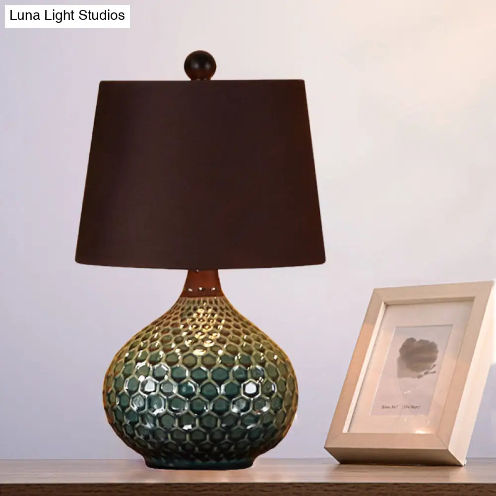 11/14 Coffee 1-Light Desk Lamp With Antiqued Style Fabric Drum Shade For Nightstand