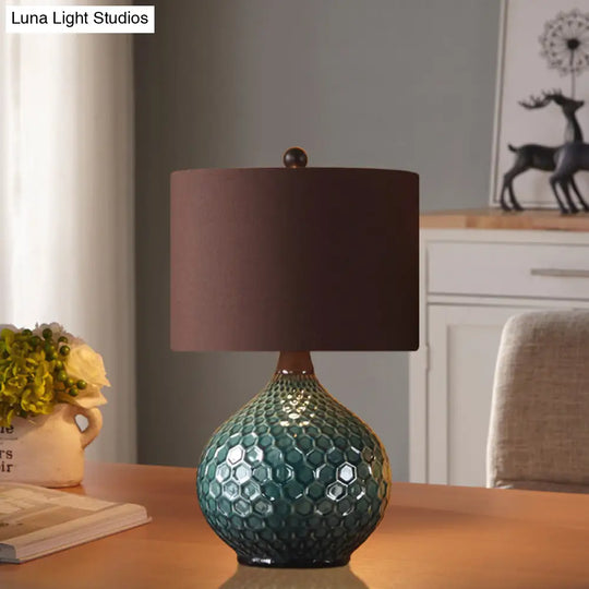 11/14 Coffee 1-Light Desk Lamp With Antiqued Style Fabric Drum Shade For Nightstand