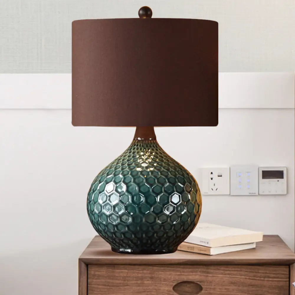11/14 Coffee 1-Light Desk Lamp With Antiqued Style Fabric Drum Shade For Nightstand / 14