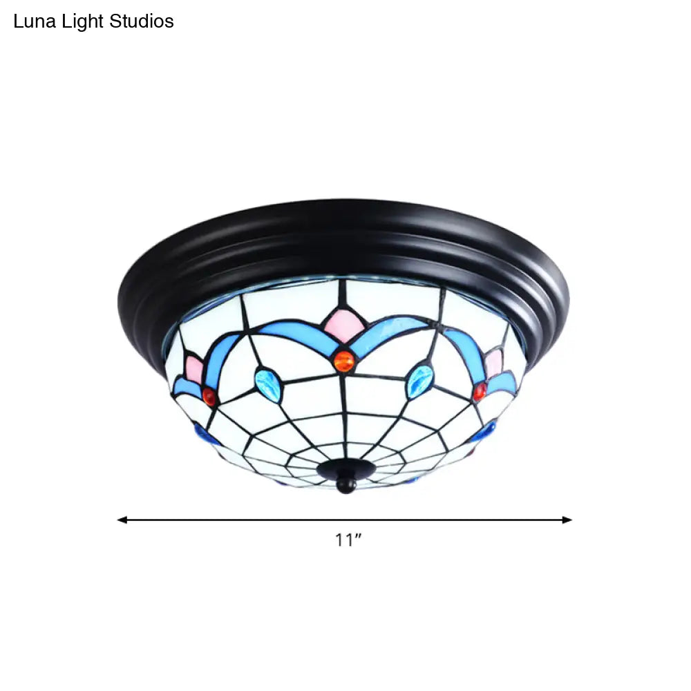 11/15 Tiffany Cut Glass Flush Ceiling Light - 3-Light Mount Fixture In White Ideal For Corridors