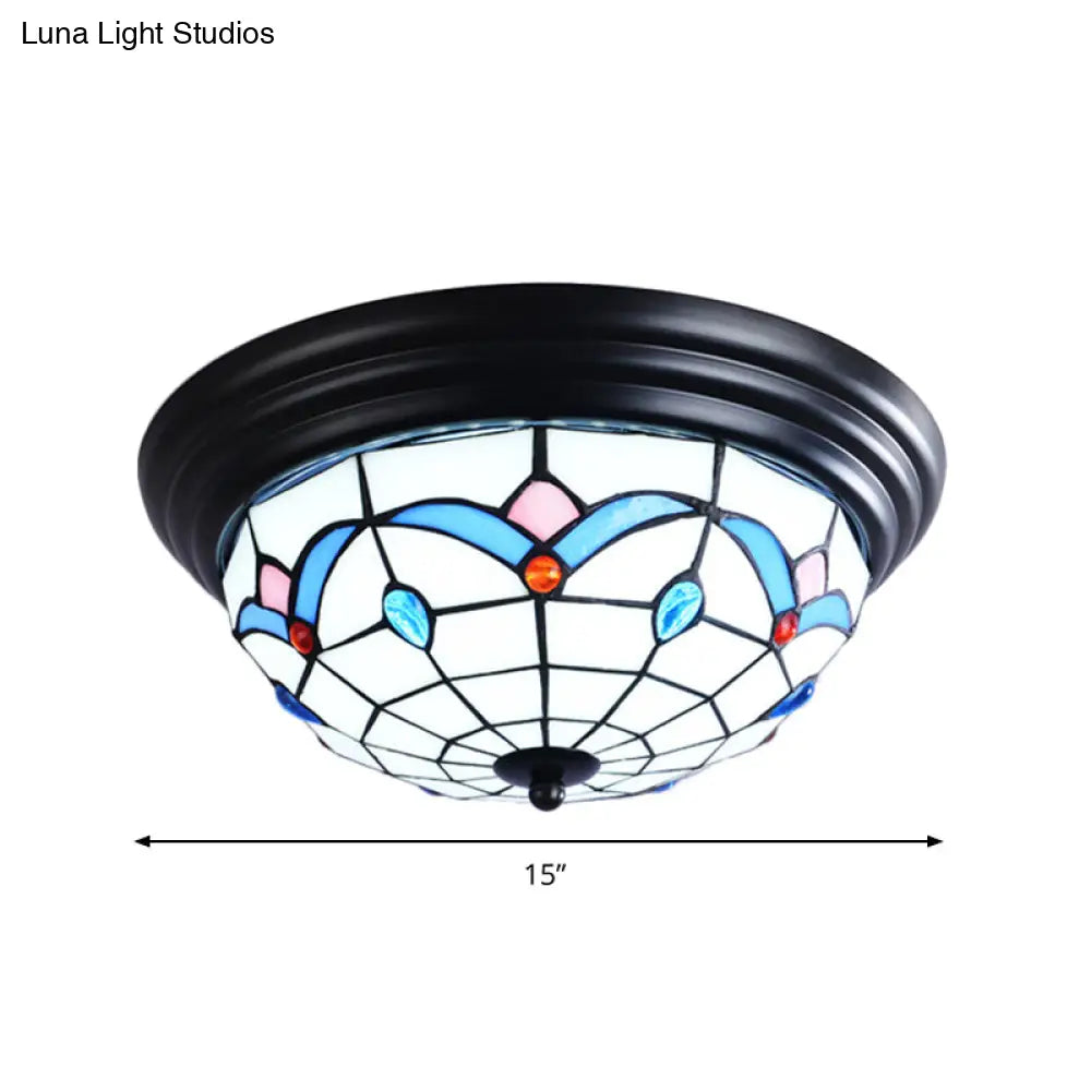 11/15 Tiffany Cut Glass Flush Ceiling Light - 3-Light Mount Fixture In White Ideal For Corridors
