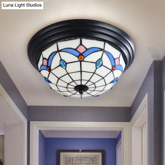 11/15 Tiffany Cut Glass Flush Ceiling Light - 3-Light Mount Fixture In White Ideal For Corridors