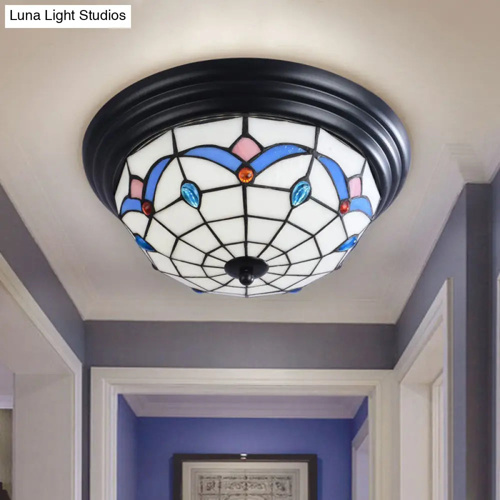 11’/15’ Tiffany Cut Glass Flush Ceiling Light - 3-Light Mount Fixture In White Ideal For Corridors
