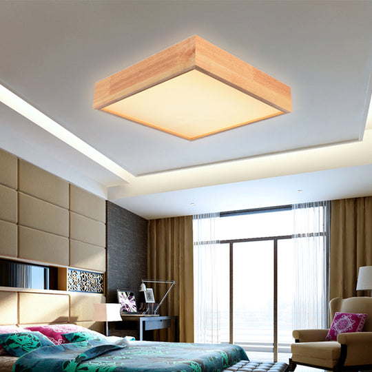 Contemporary Wooden Square Led Ceiling Light Fixture - Wide 1-Light Flush Mount Lamp In Warm/White