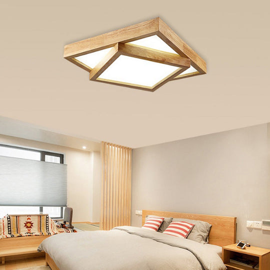 Modern Wood Flush Mount Led Ceiling Light For Bedroom - 19’/25’/31.5’ Wide Square Shape Warm/White