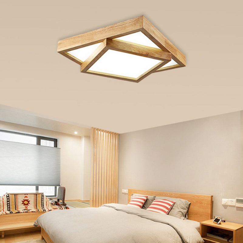 Modern Wood Flush Mount Led Ceiling Light For Bedroom - 19/25/31.5 Wide Square Shape Warm/White