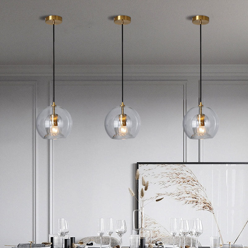 Gold Globe Double Shade Hanging Light Pendant For Dining Room - Clear Glass 1 Bulb 6’/8’ Wide