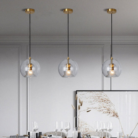 Gold Globe Double Shade Hanging Light Pendant For Dining Room - Clear Glass 1 Bulb 6’/8’ Wide