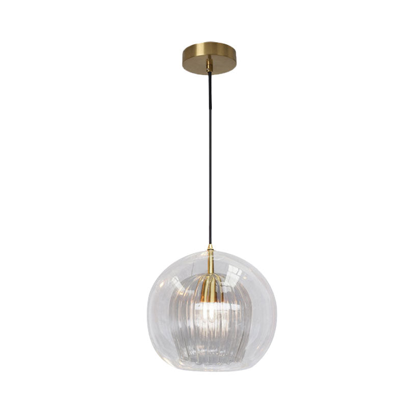 Gold Double Shade Hanging Light Clear Glass Pendant - Dining Room 1 Bulb 6/8 Wide