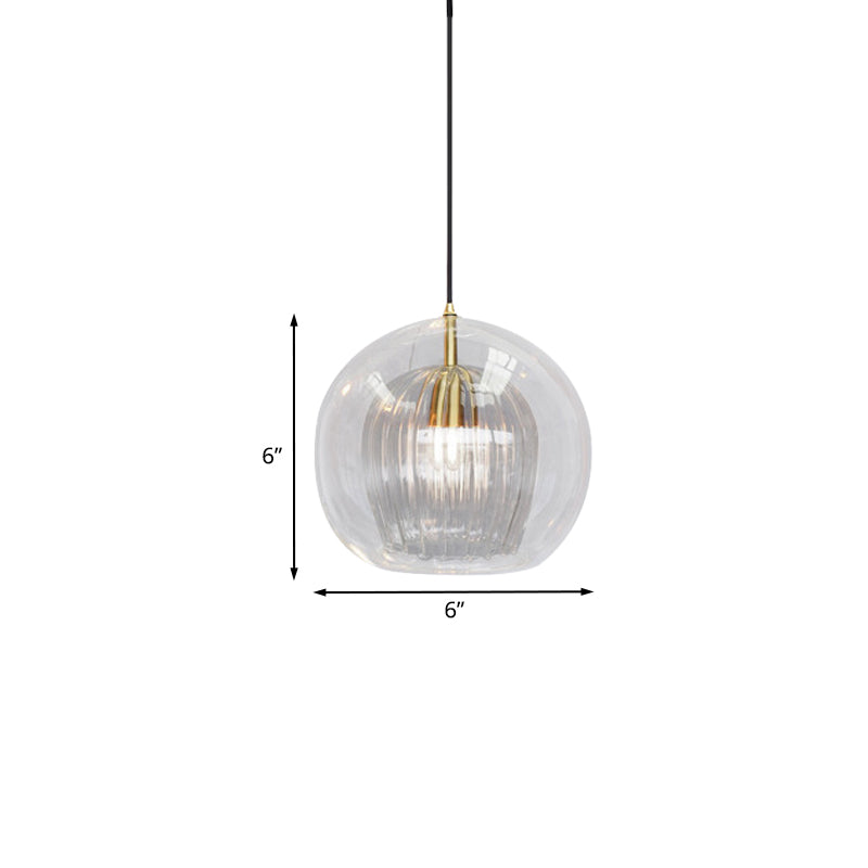 Gold Double Shade Hanging Light Clear Glass Pendant - Dining Room 1 Bulb 6/8 Wide