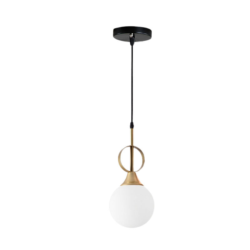 Modern Opal Glass Single Bedside Pendant Lamp - Minimalist Ball Hanging Kit With Black-Gold Ring Top