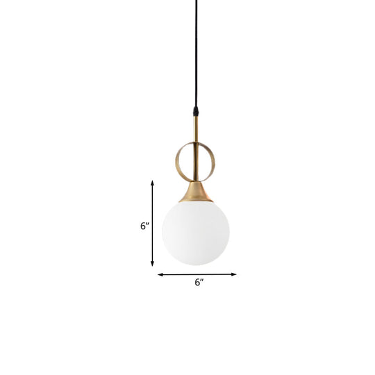 Modern Opal Glass Single Bedside Pendant Lamp - Minimalist Ball Hanging Kit With Black-Gold Ring Top