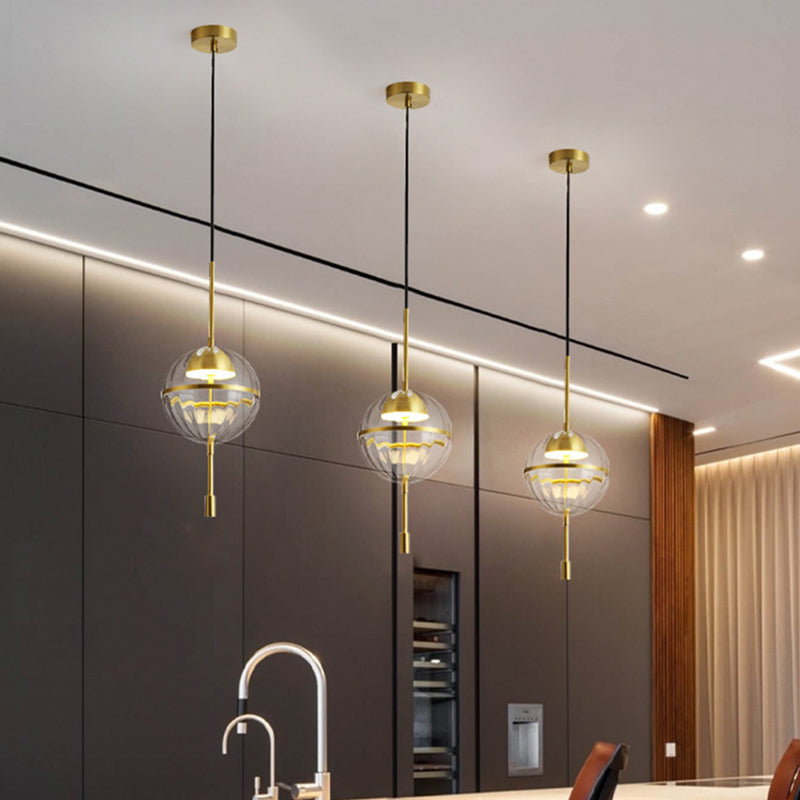 Gold Ribbed Glass Pendant Light With Spherical Design And Led - Postmodern Style
