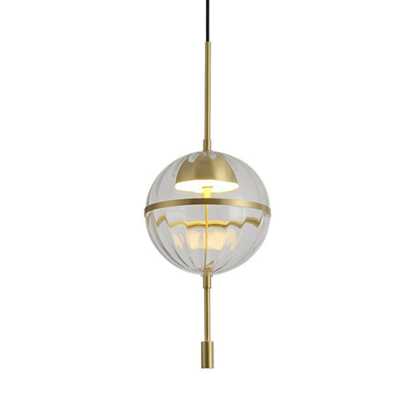 Gold Ribbed Glass Pendant Light With Spherical Design And Led - Postmodern Style