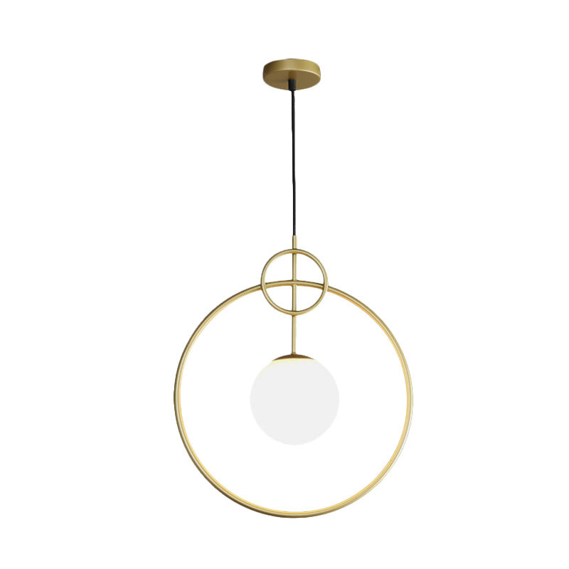 Postmodern Milk Glass Ball Pendant Light Fixture Gold Circles - 1-Light Dining Room Ceiling Lamp