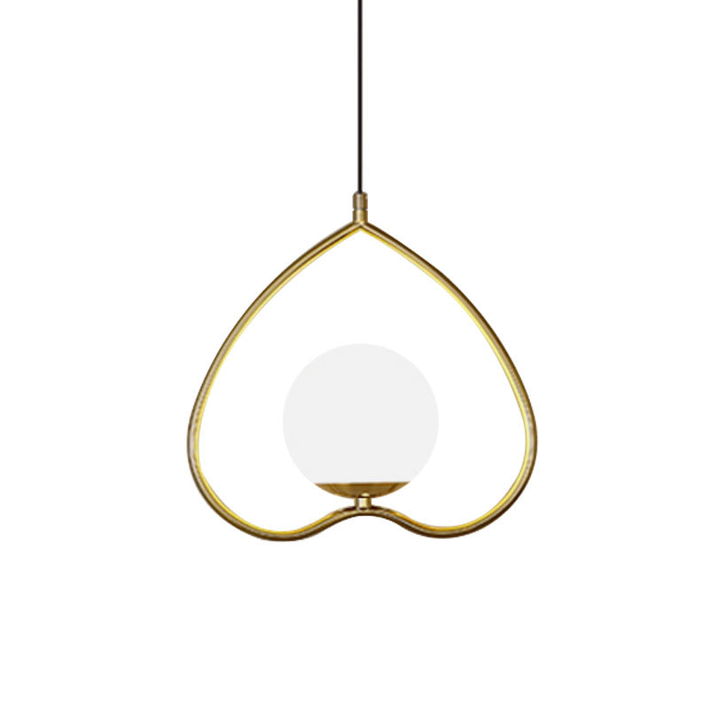 Modern Gold Pendant Light With Heart-Shaped Down Lighting Metal Frame And Opal Glass Shade