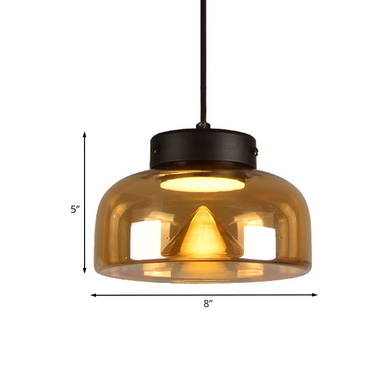 Postmodern Black Pendant Lamp With Amber Glass Bowl Shade & Bedside Led Down Lighting