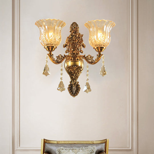 Brass Wall Lamp With Flower Shade Ribbed Glass - Traditional 2-Head Lighting For Living Room